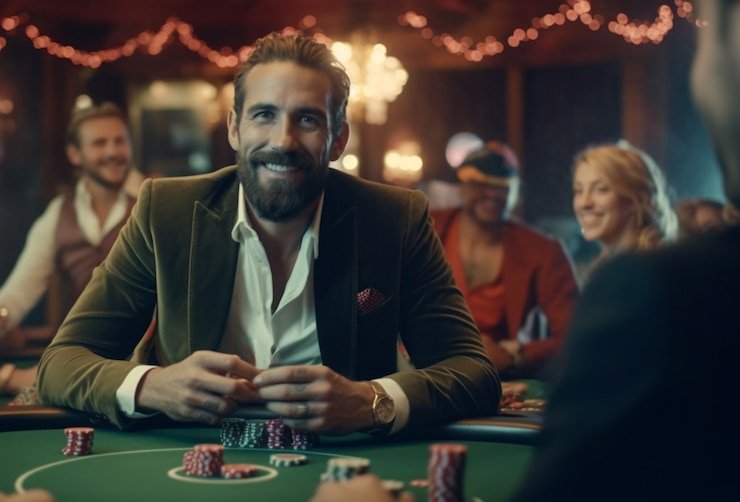 Meja Texas Poker dealer langsung di platform exso toto menampilkan kartu komunal dan area taruhan pemain